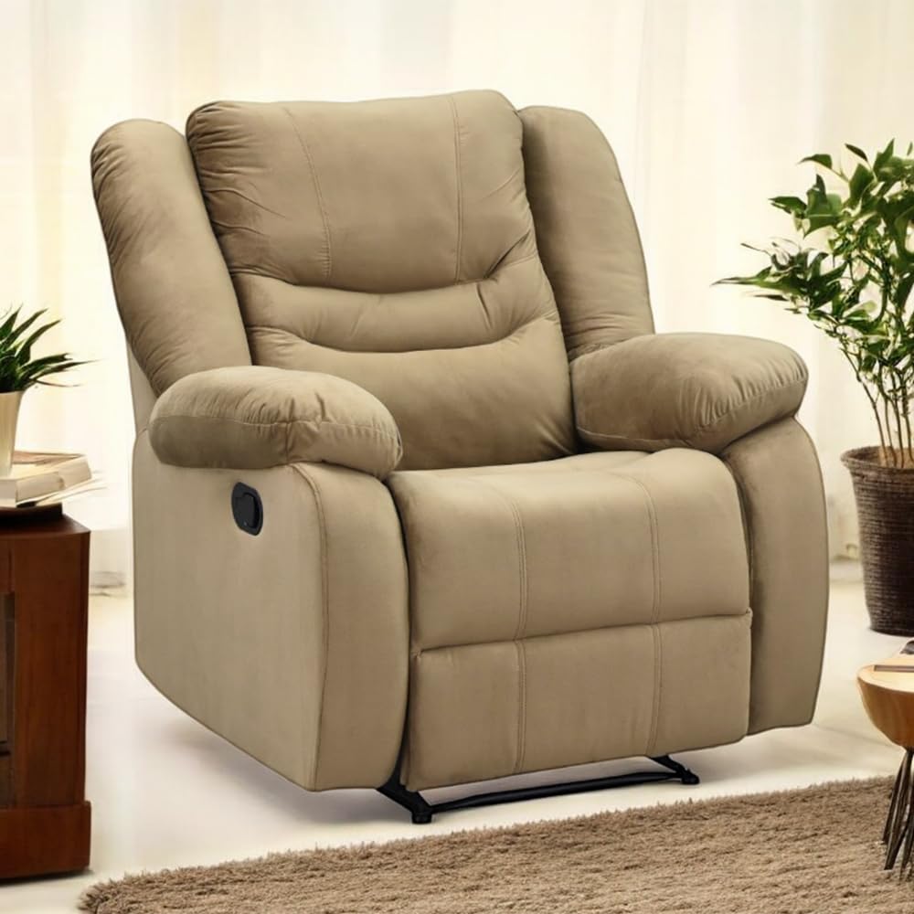 Royaloak Joy Fabric Recliner 1 Seater – High Backrest, Plush Armrest, and Sturdy Footrest in Beige