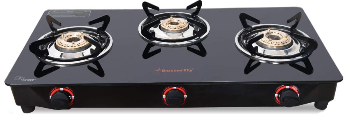 Butterfly 3 Burner Stove with Toughened Glass-Top and Brass Burners