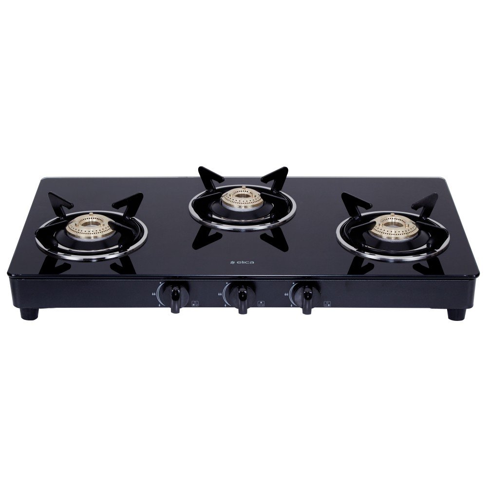 Elica 3 Burner Gas Stove with toughened glass top and high-efficiency brass burners.
